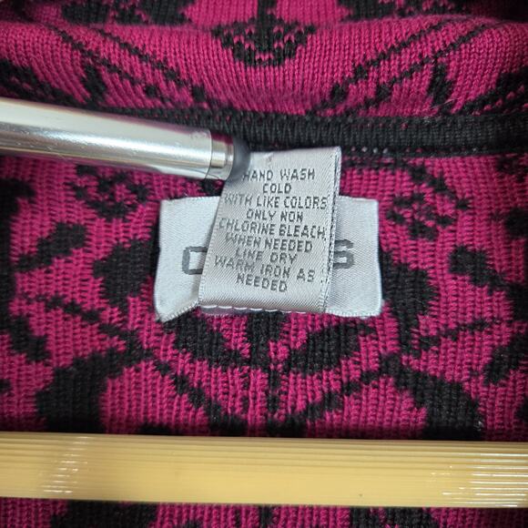 Chico's Silk Blend Cardigan Jacket sz 2 - L Black Magenta Pink Zip Front Pockets - Picture 9 of 13